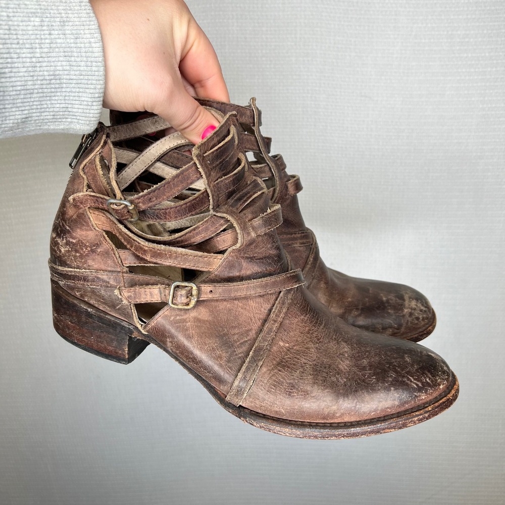Freebird by Steven Stair‎ Brown Leather Strappy Cutout Ankle Boots Womens 11 M
